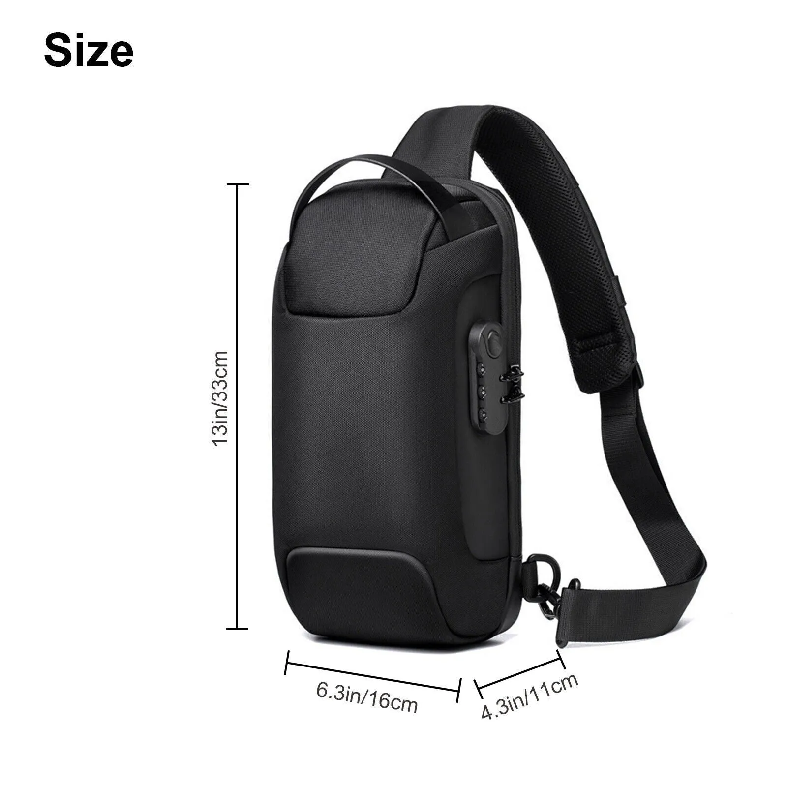 Men's waterproof oxford anti-theft crossbody bag in black with multiple compartments and adjustable strap
