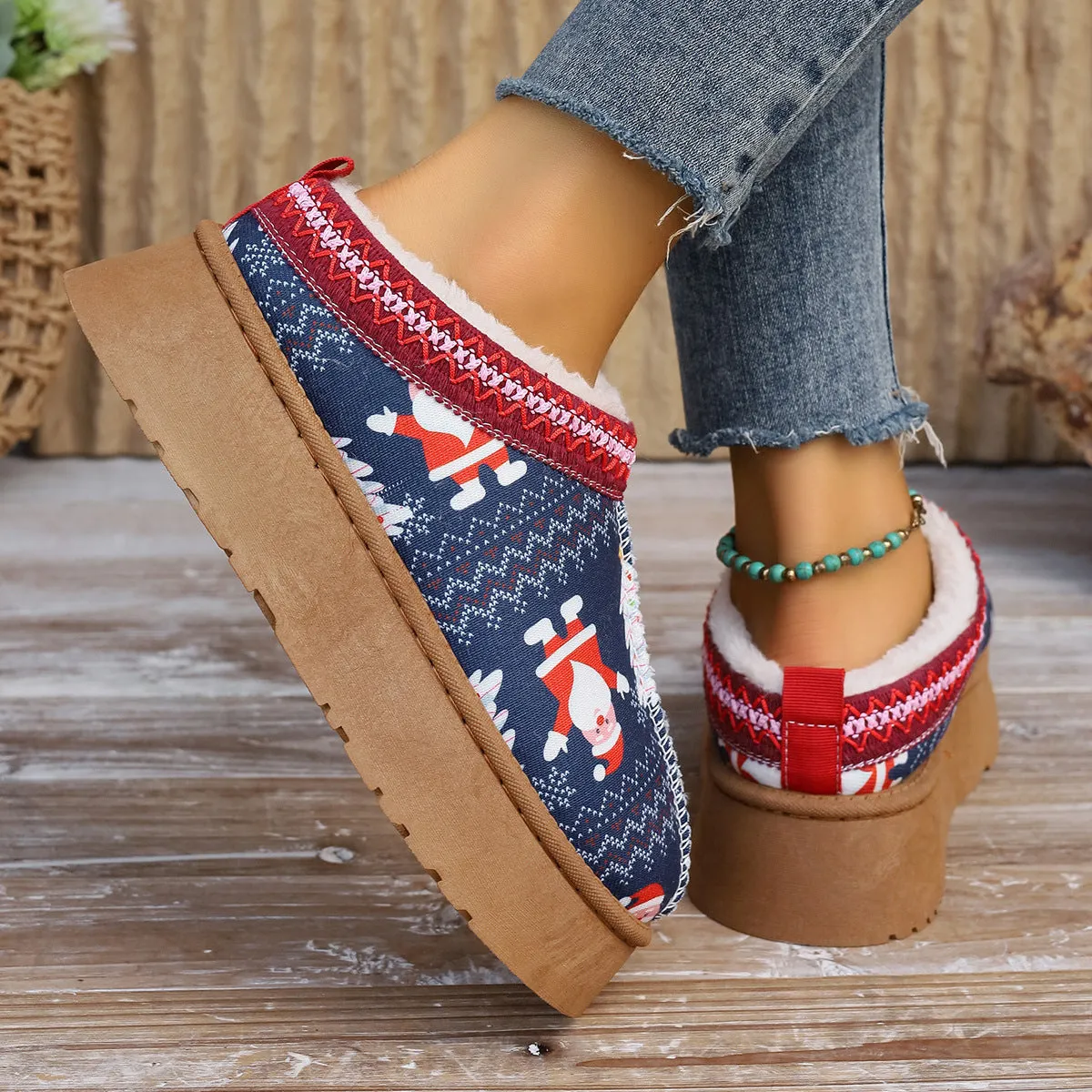 Women's cartoon Christmas print ankle boots with plush lining, round toe, flat heel, available in Santa Claus print