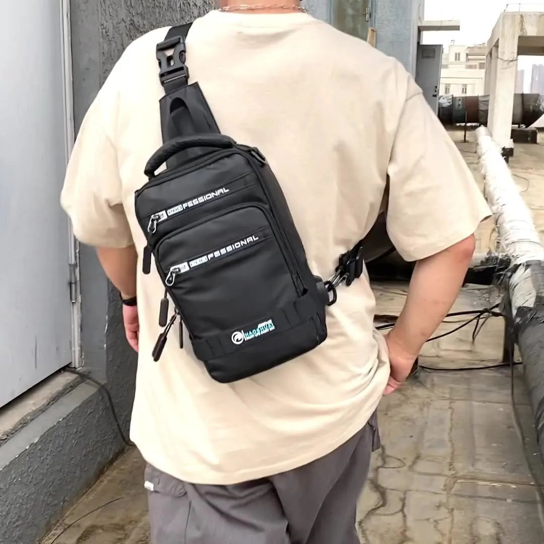 Multifunction nylon bag for men with USB charging port, medium square shape, in khaki colour