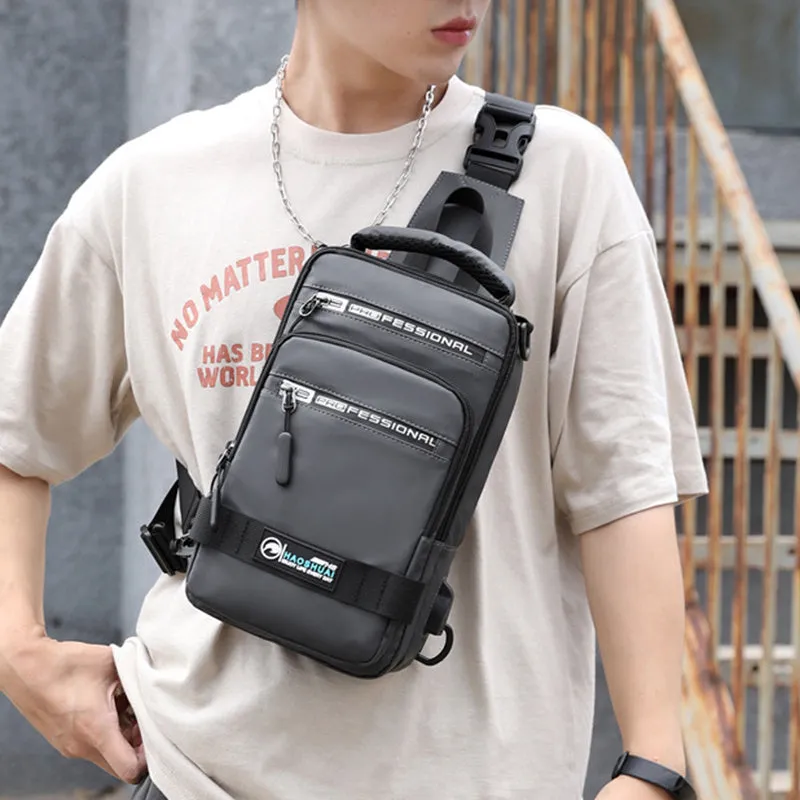 Multifunction nylon bag for men with USB charging port, medium square shape, in khaki colour