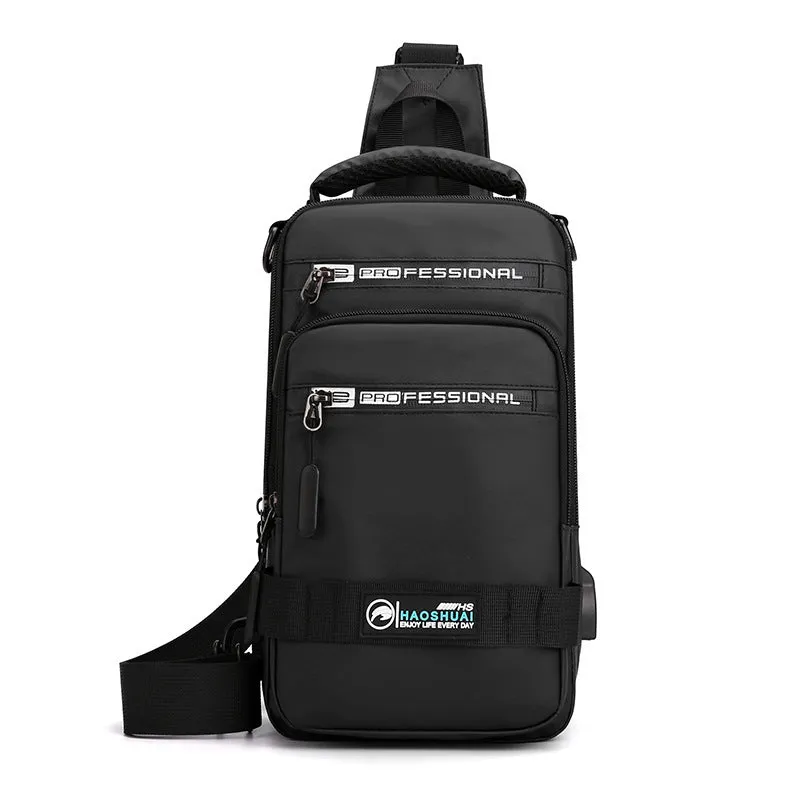 Multifunction nylon bag for men with USB charging port, medium square shape, in khaki colour