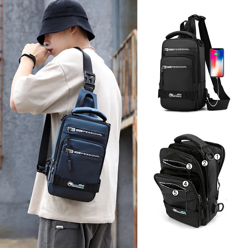 Multifunction nylon bag for men with USB charging port, medium square shape, in khaki colour