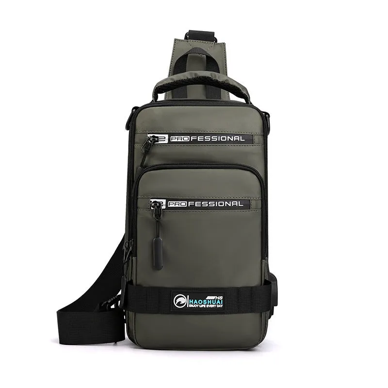 Multifunction nylon bag for men with USB charging port, medium square shape, in khaki colour