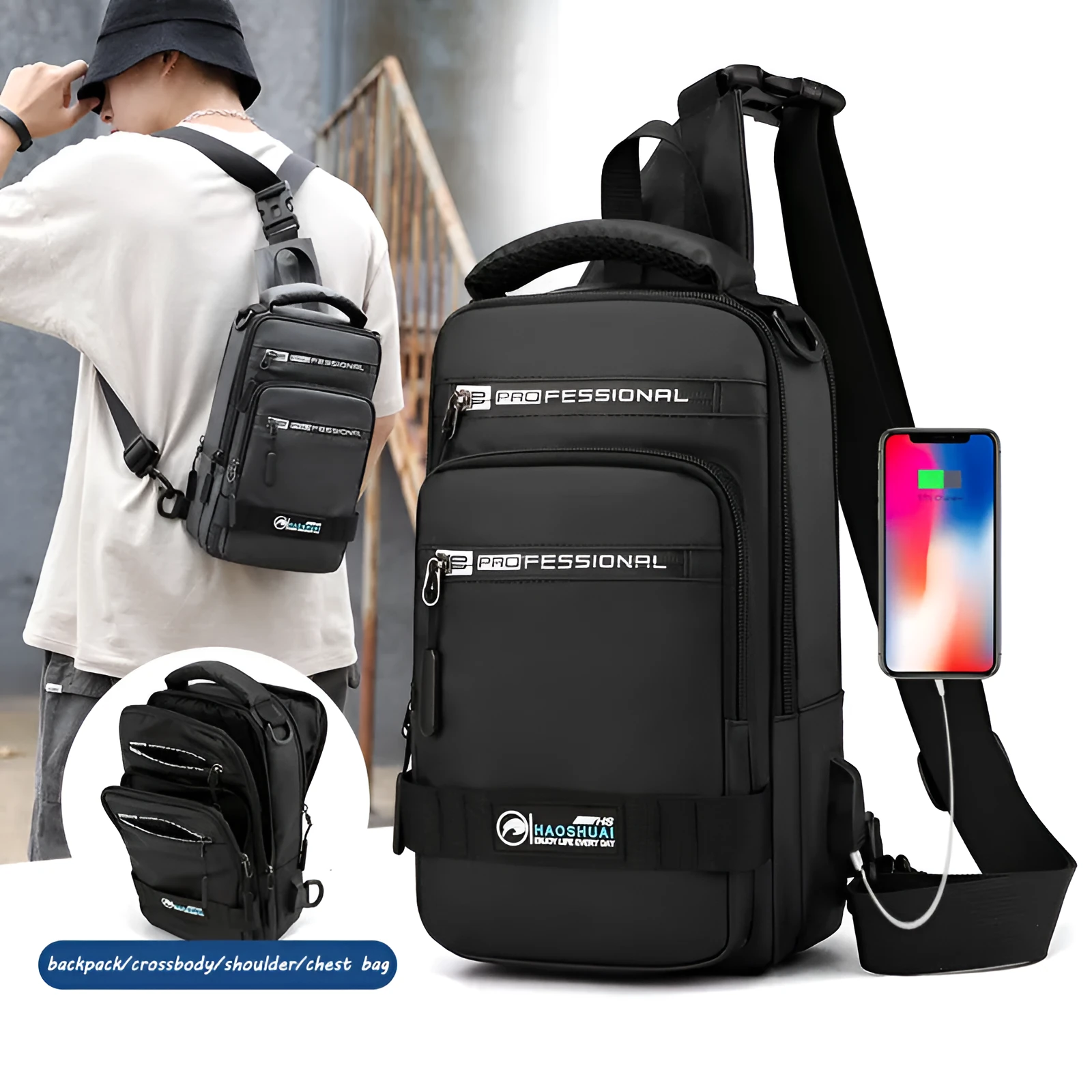 Multifunction nylon bag for men with USB charging port, medium square shape, in khaki colour