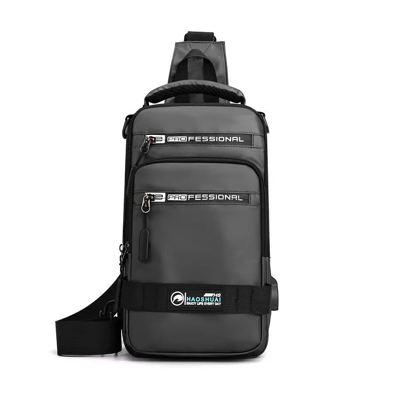 Multifunction nylon bag for men with USB charging port, medium square shape, in khaki colour