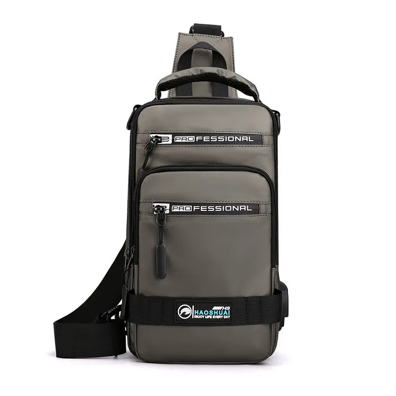 Multifunction nylon bag for men with USB charging port, medium square shape, in khaki colour
