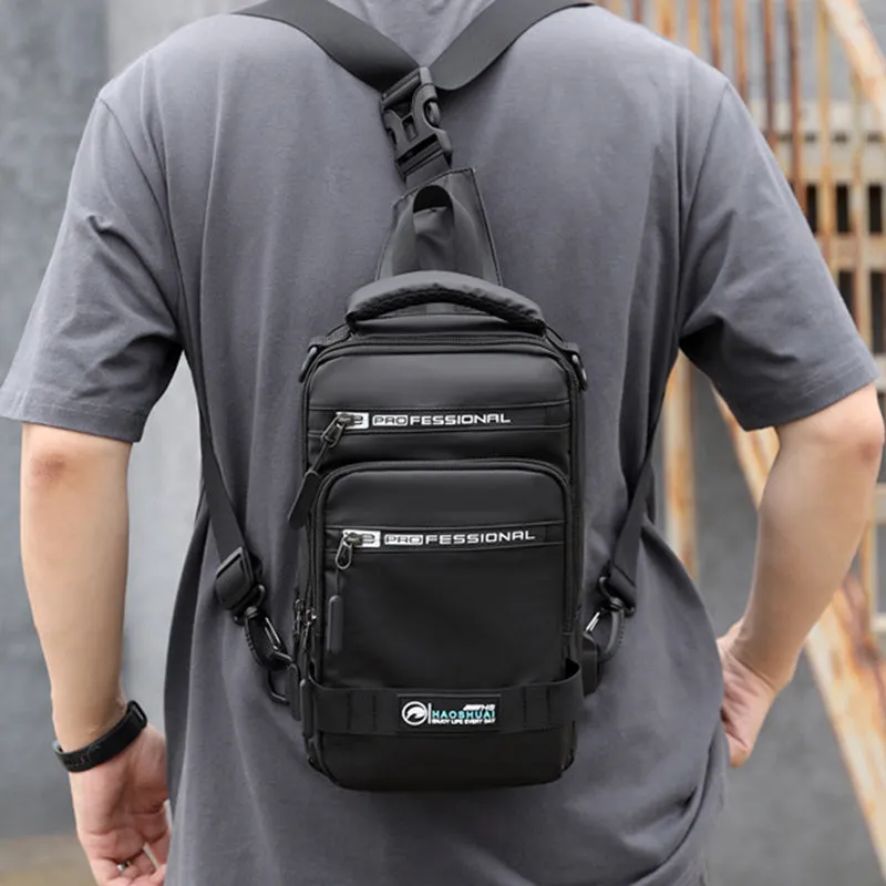 Multifunction nylon bag for men with USB charging port, medium square shape, in khaki colour