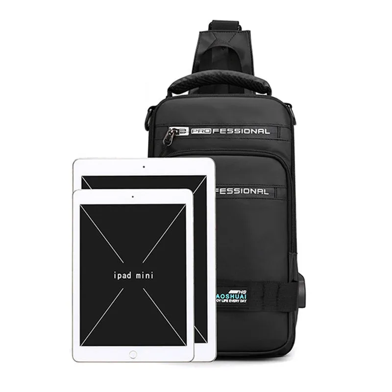 Multifunction nylon bag for men with USB charging port, medium square shape, in khaki colour