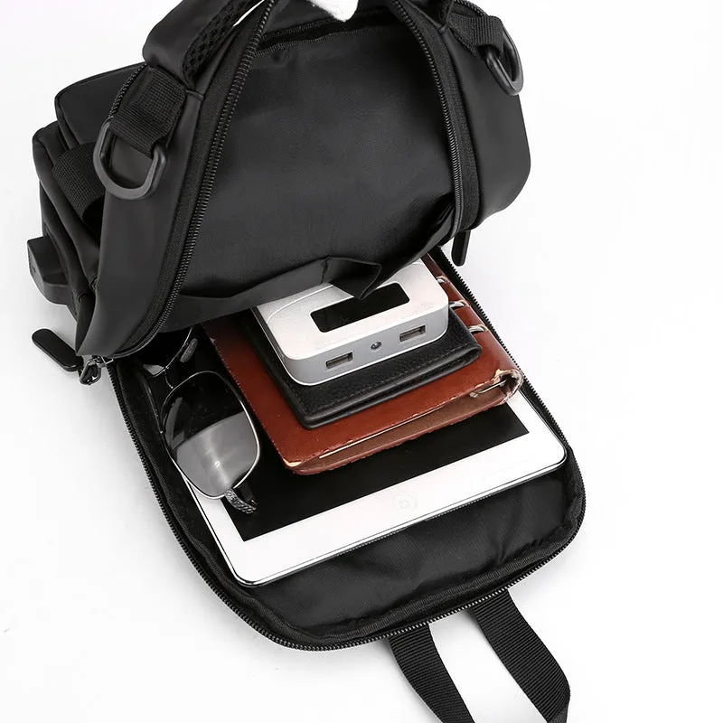Multifunction nylon bag for men with USB charging port, medium square shape, in khaki colour