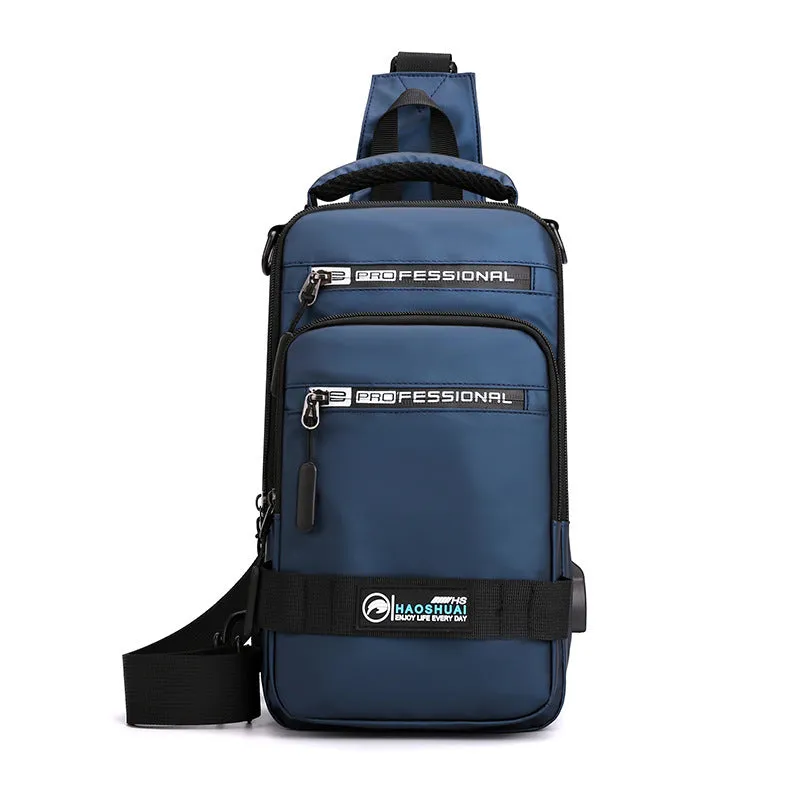 Multifunction nylon bag for men with USB charging port, medium square shape, in khaki colour
