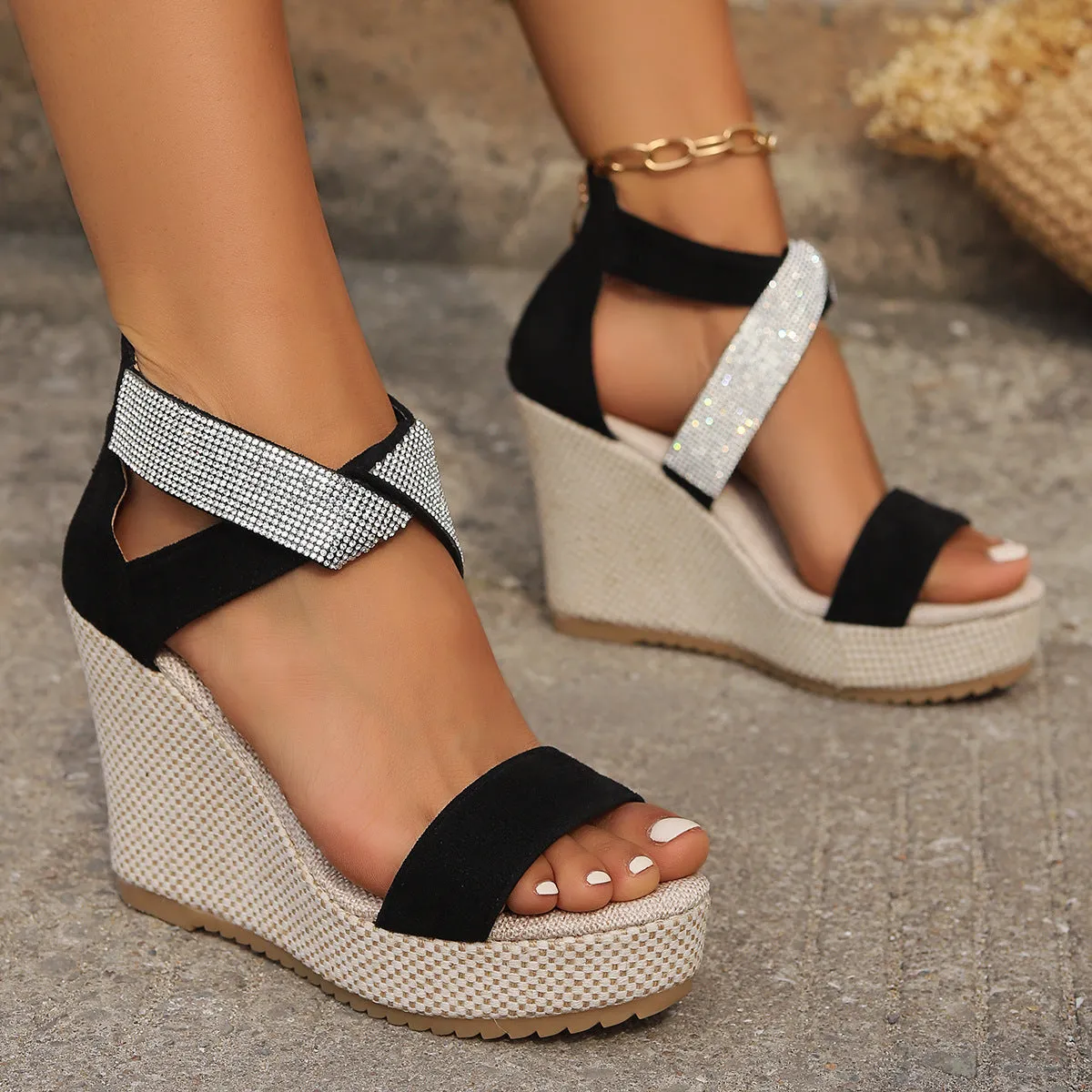 Women's fish mouth high wedge platform sandals with rhinestone design, suede upper, black colour