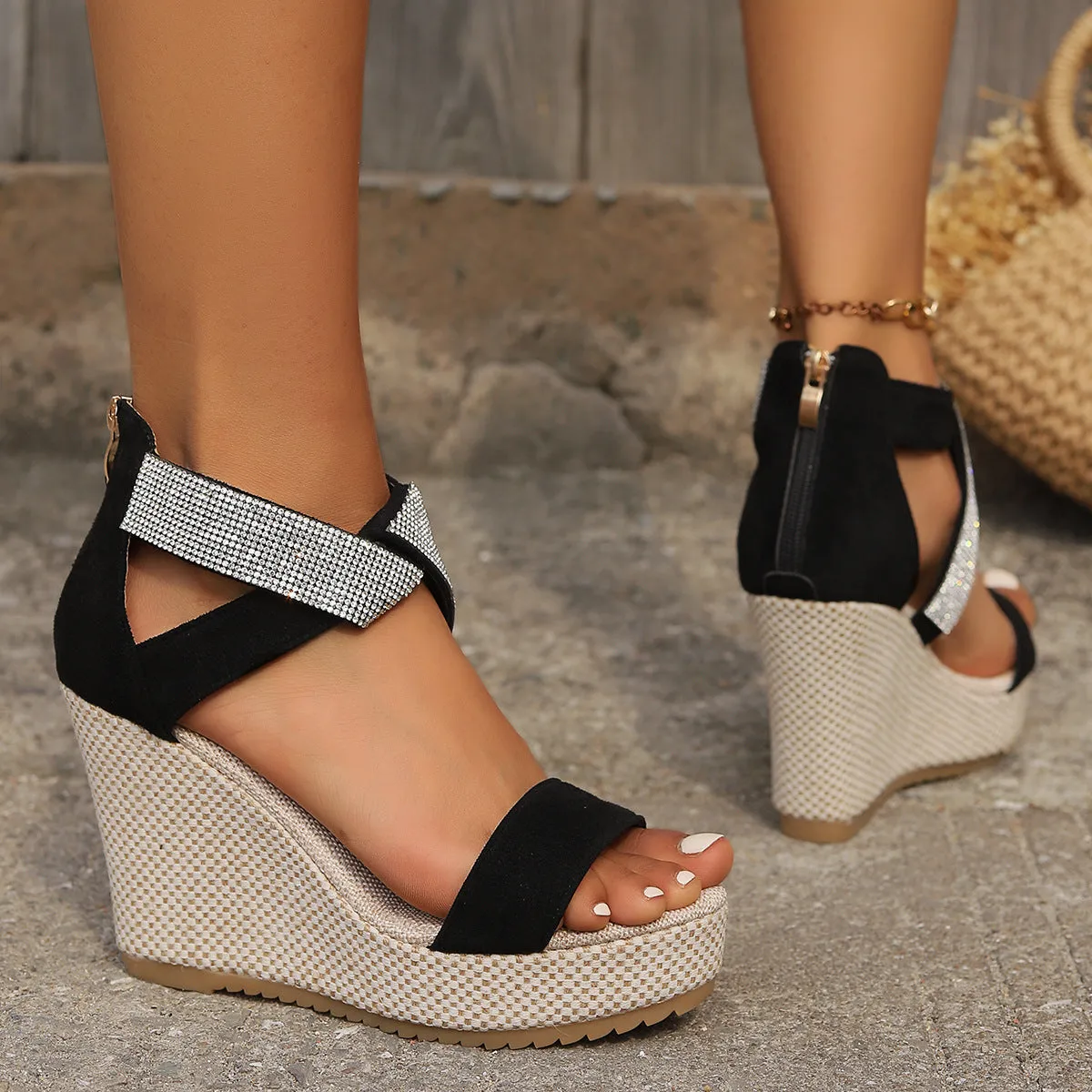 Women's fish mouth high wedge platform sandals with rhinestone design, suede upper, black colour