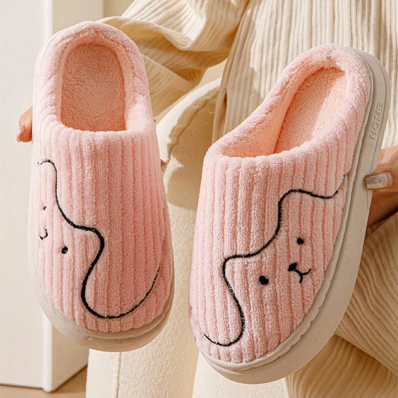 Cat print plush indoor slippers with anti-slip rubber sole in pink, green and grey for women and men