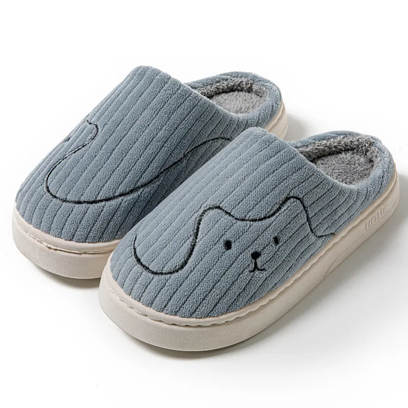 Cat print plush indoor slippers with anti-slip rubber sole in pink, green and grey for women and men