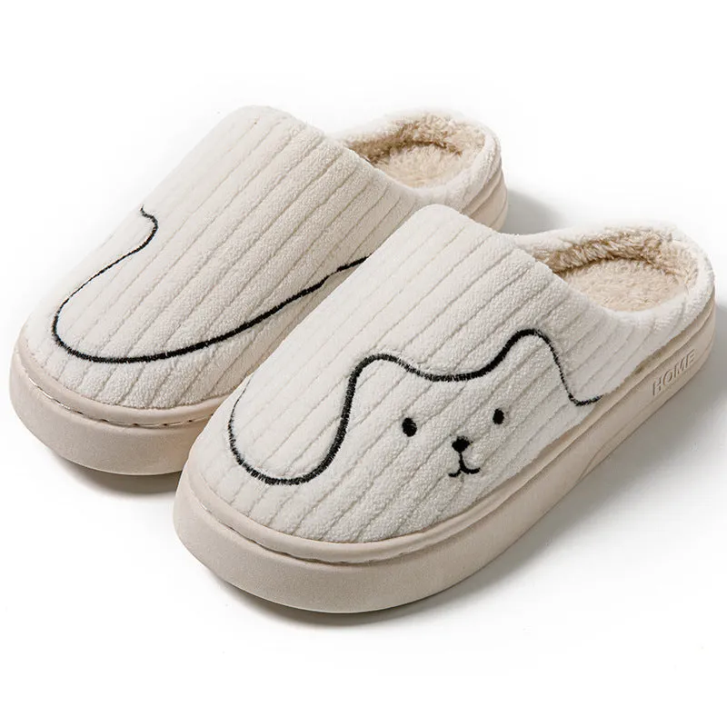 Cat print plush indoor slippers with anti-slip rubber sole in pink, green and grey for women and men