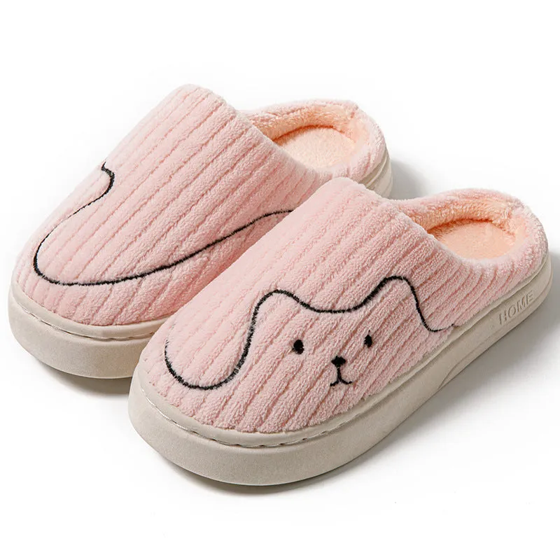 Cat print plush indoor slippers with anti-slip rubber sole in pink, green and grey for women and men