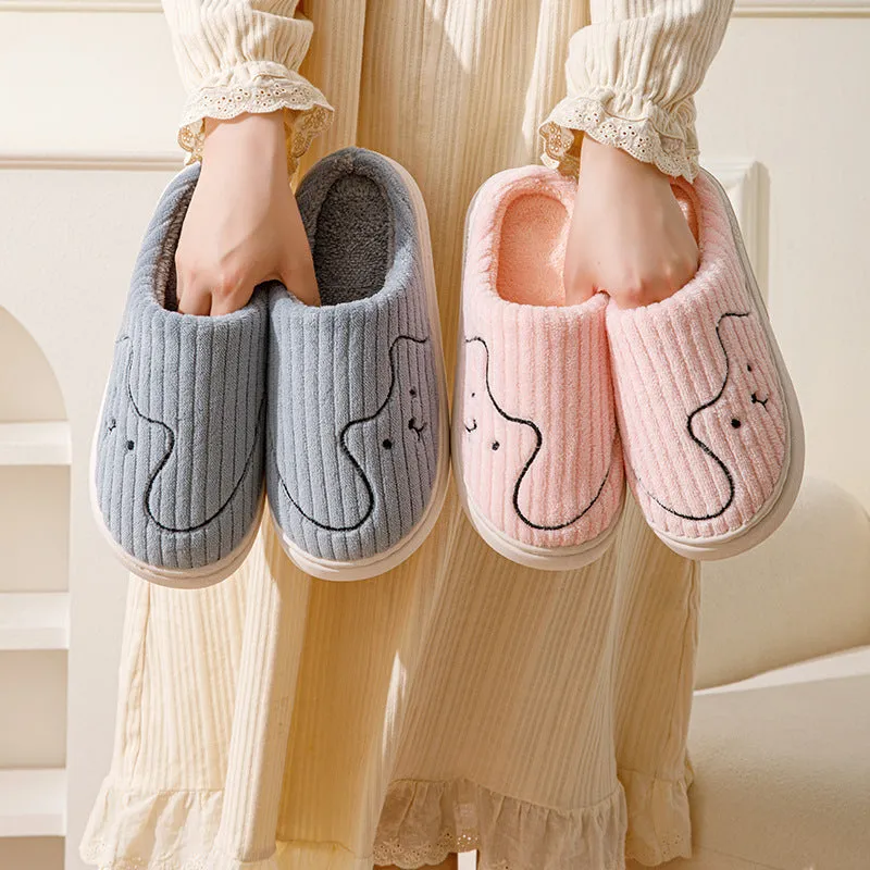 Cat print plush indoor slippers with anti-slip rubber sole in pink, green and grey for women and men
