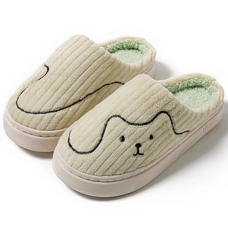 Cat print plush indoor slippers with anti-slip rubber sole in pink, green and grey for women and men