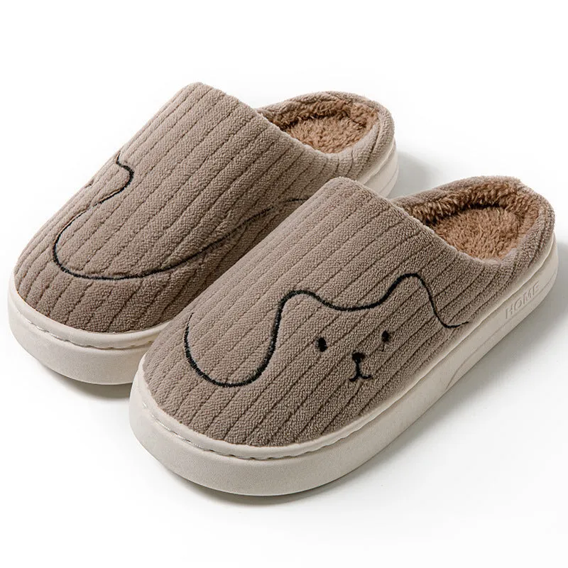 Cat print plush indoor slippers with anti-slip rubber sole in pink, green and grey for women and men