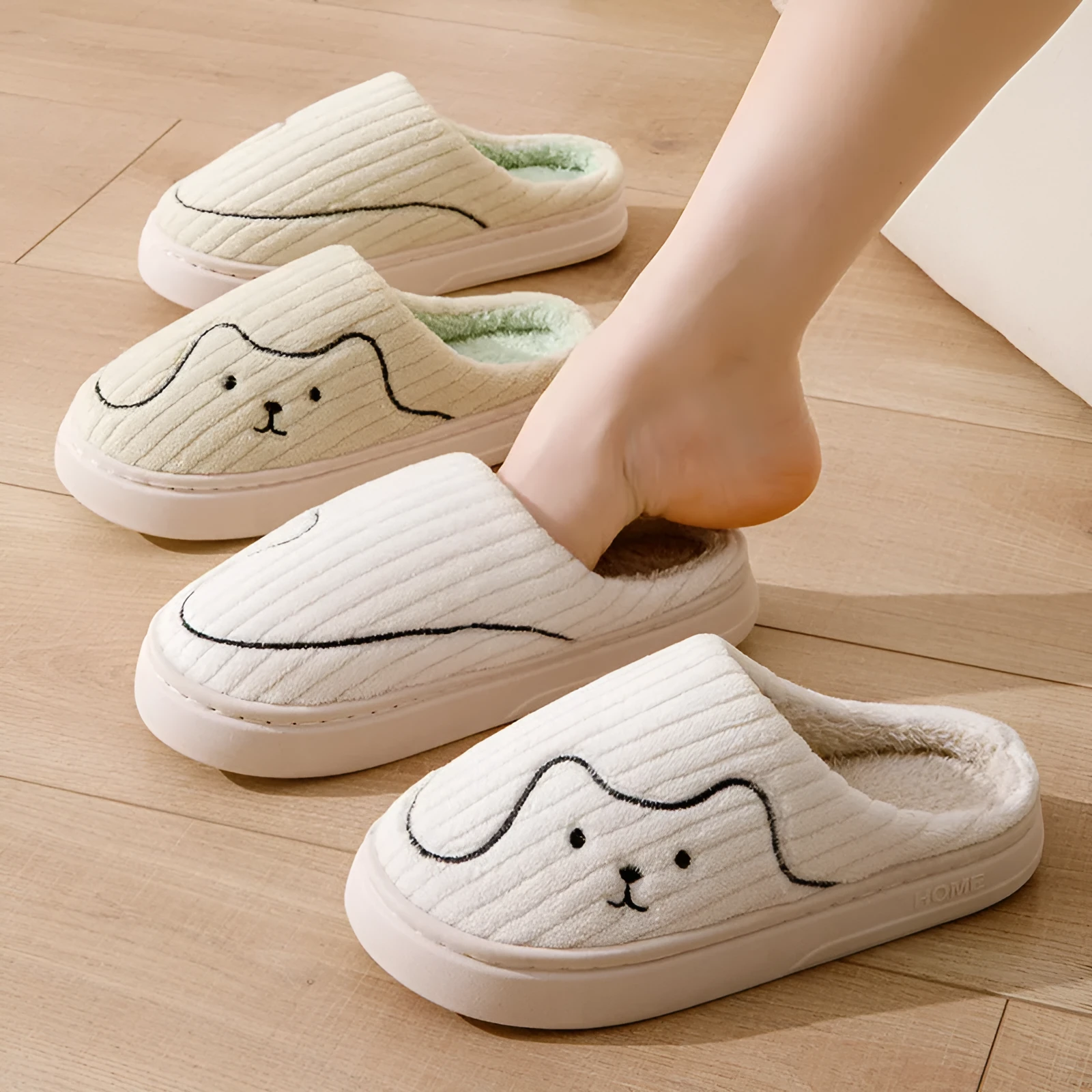 Cat print plush indoor slippers with anti-slip rubber sole in pink, green and grey for women and men