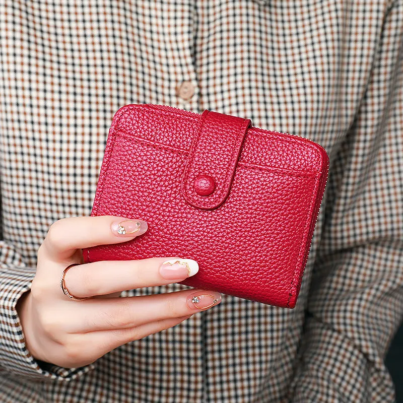 Women's lychee pattern anti-bacterial short wallet in PU leather