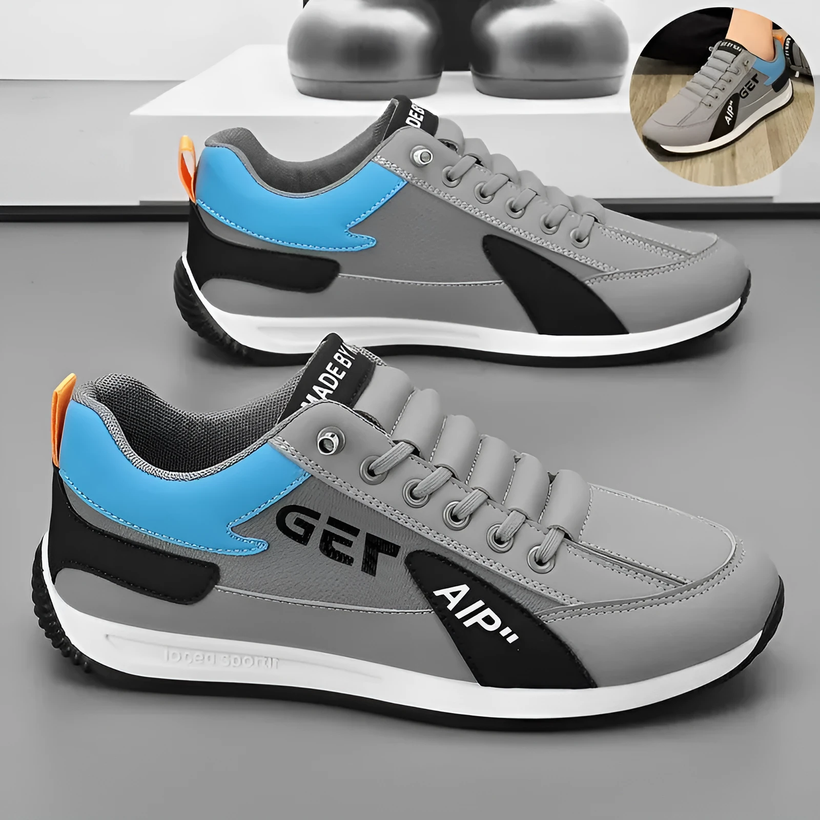 Men sports flat shoes with breathable mesh upper in black, low-top design, non-slip sole