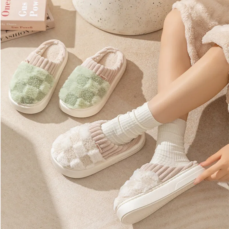 Women's plaid plush slippers with non-slip PVC sole, round toe, flat heel, in Coffee colour