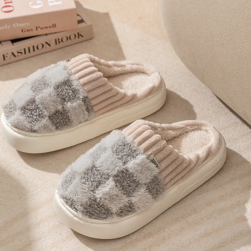 Women's plaid plush slippers with non-slip PVC sole, round toe, flat heel, in Coffee colour