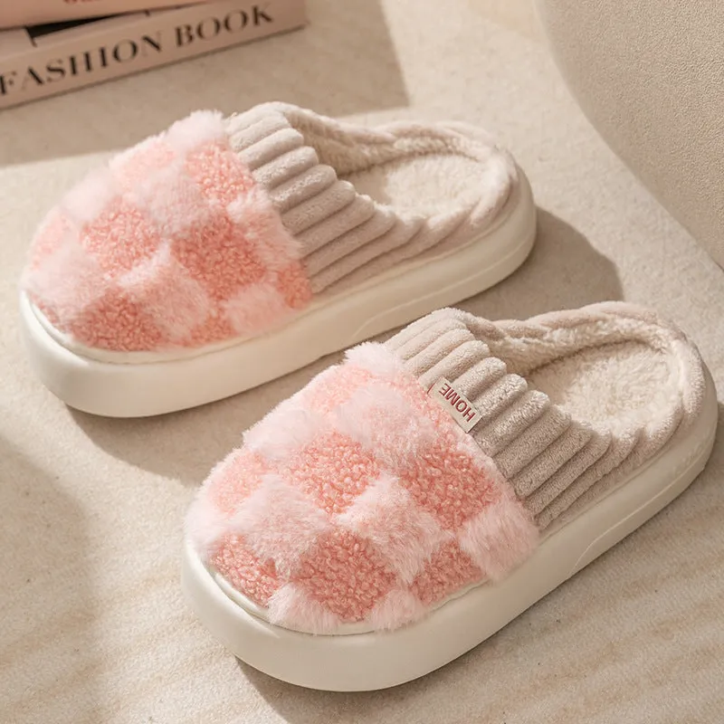 Women's plaid plush slippers with non-slip PVC sole, round toe, flat heel, in Coffee colour