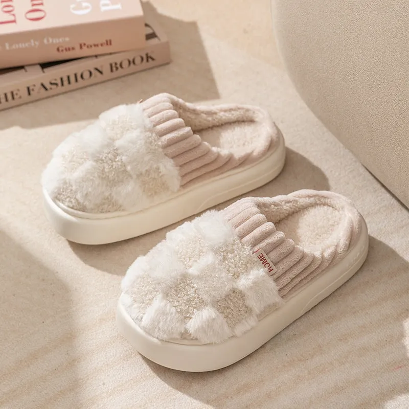 Women's plaid plush slippers with non-slip PVC sole, round toe, flat heel, in Coffee colour