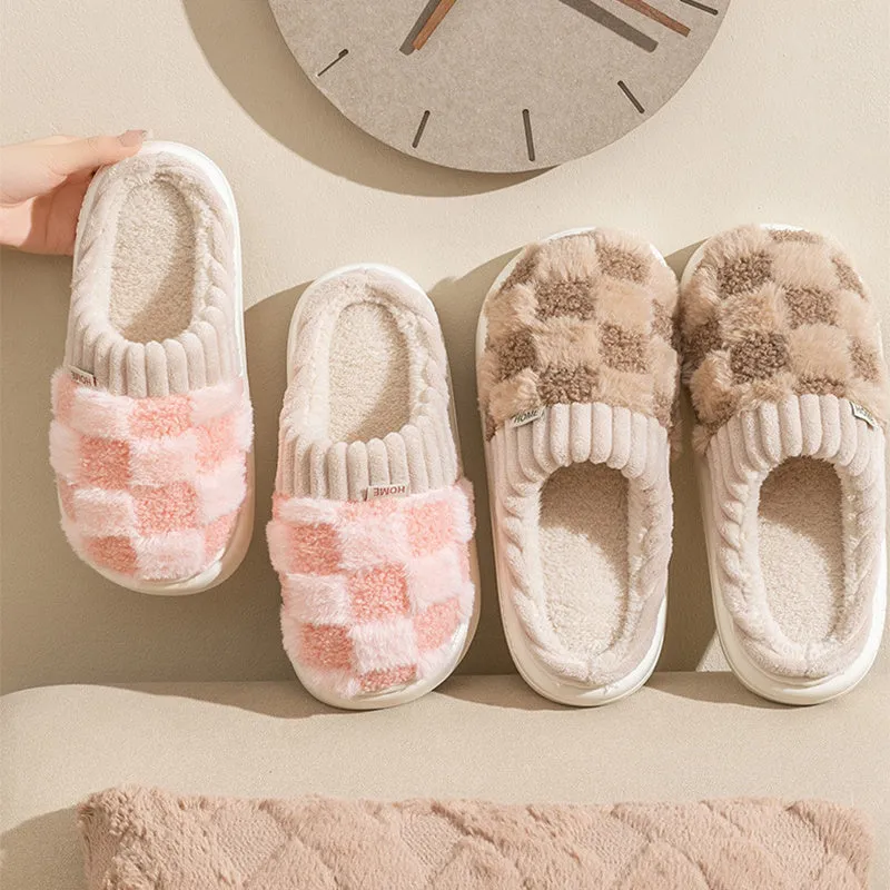 Women's plaid plush slippers with non-slip PVC sole, round toe, flat heel, in Coffee colour