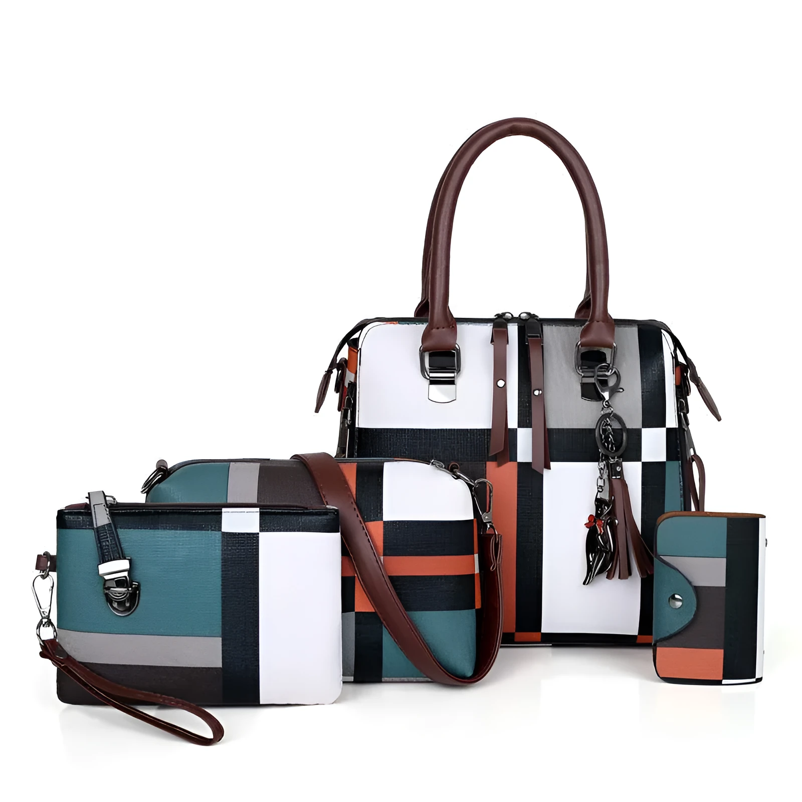 Women plaid PU leather shoulder bag with tassel decoration on a white background