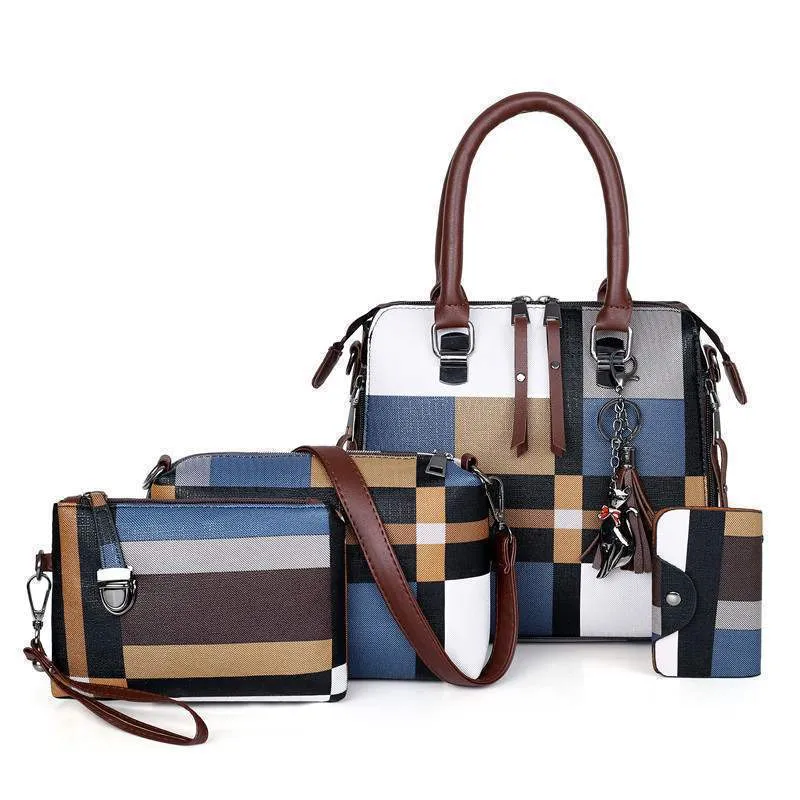 Women plaid PU leather shoulder bag with tassel decoration on a white background