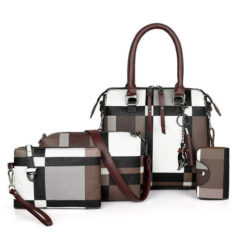 Women plaid PU leather shoulder bag with tassel decoration on a white background