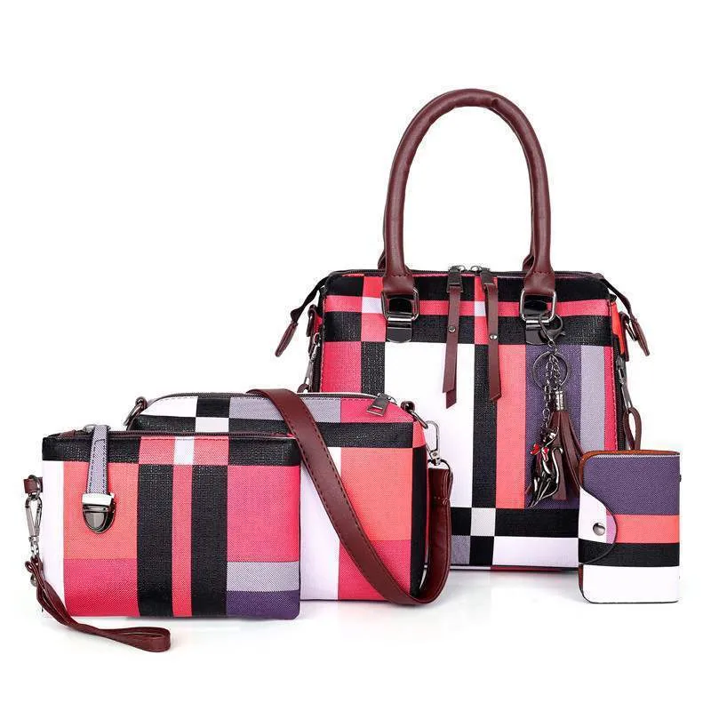 Women plaid PU leather shoulder bag with tassel decoration on a white background