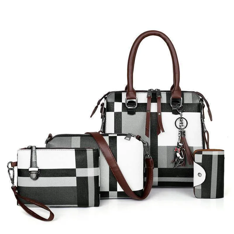 Women plaid PU leather shoulder bag with tassel decoration on a white background