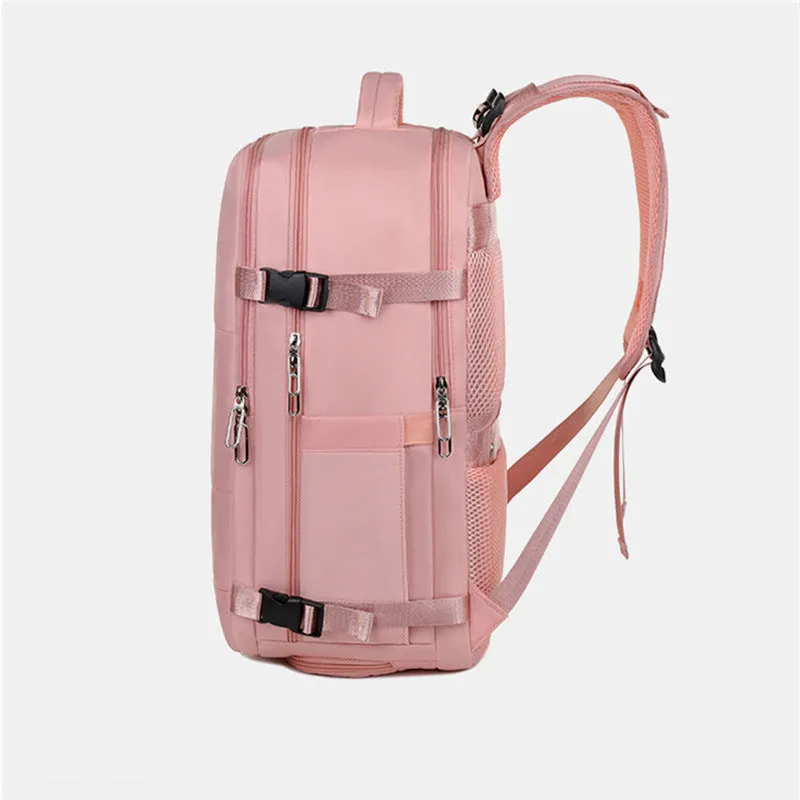 Large-capacity travel backpack in Oxford cloth with dry and wet separation, 36-55L, available in purple, gray, black, and pink
