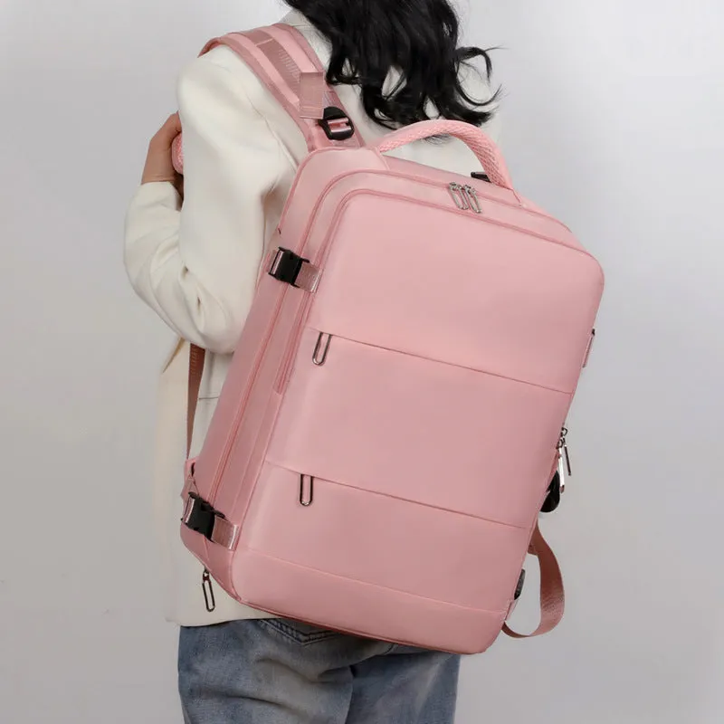 Large-capacity travel backpack in Oxford cloth with dry and wet separation, 36-55L, available in purple, gray, black, and pink
