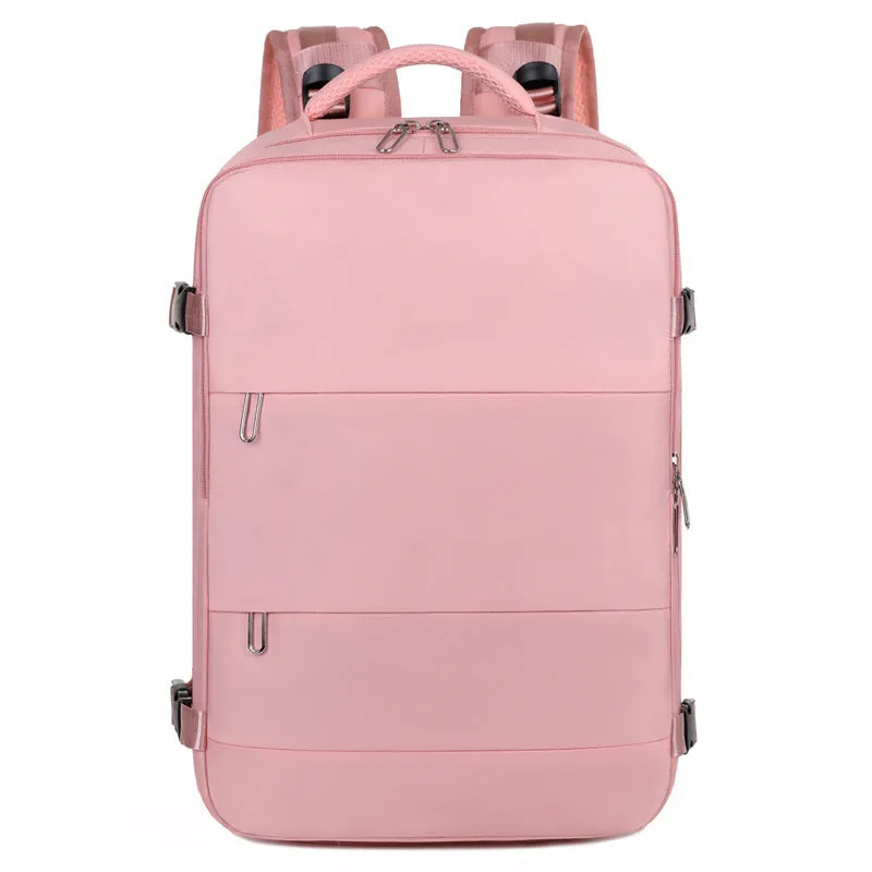 Large-capacity travel backpack in Oxford cloth with dry and wet separation, 36-55L, available in purple, gray, black, and pink