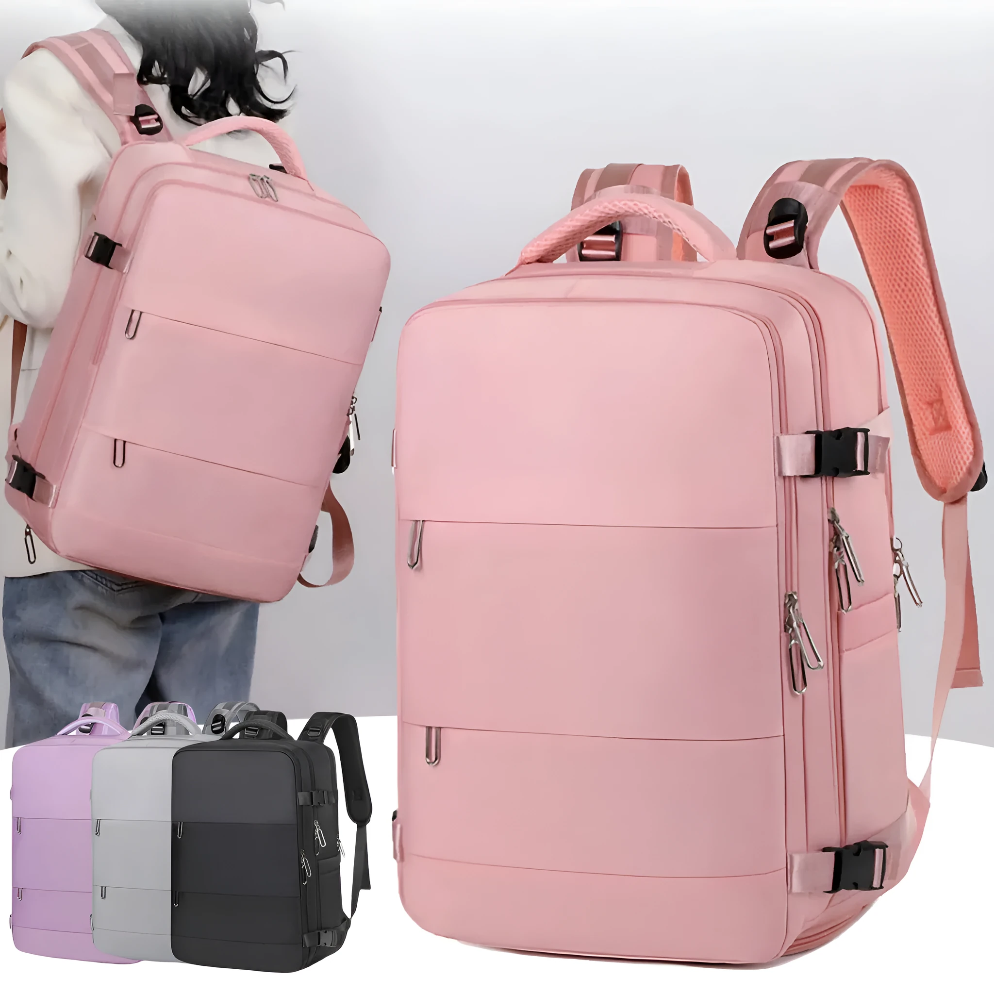 Large-capacity travel backpack in Oxford cloth with dry and wet separation, 36-55L, available in purple, gray, black, and pink