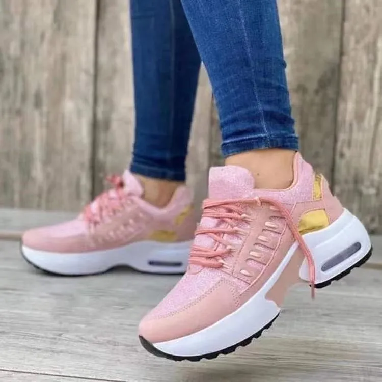 Lace up wedge heel running shoes for women with breathable mesh upper in low heel 1-3 cm round toe design