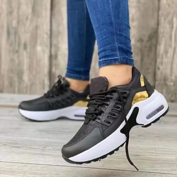 Lace up wedge heel running shoes for women with breathable mesh upper in low heel 1-3 cm round toe design