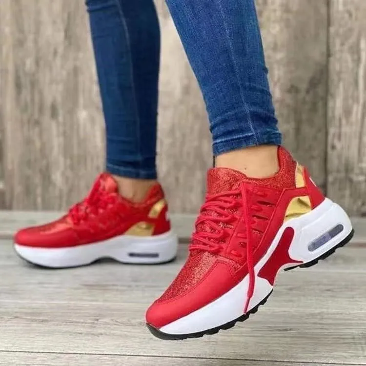 Lace up wedge heel running shoes for women with breathable mesh upper in low heel 1-3 cm round toe design
