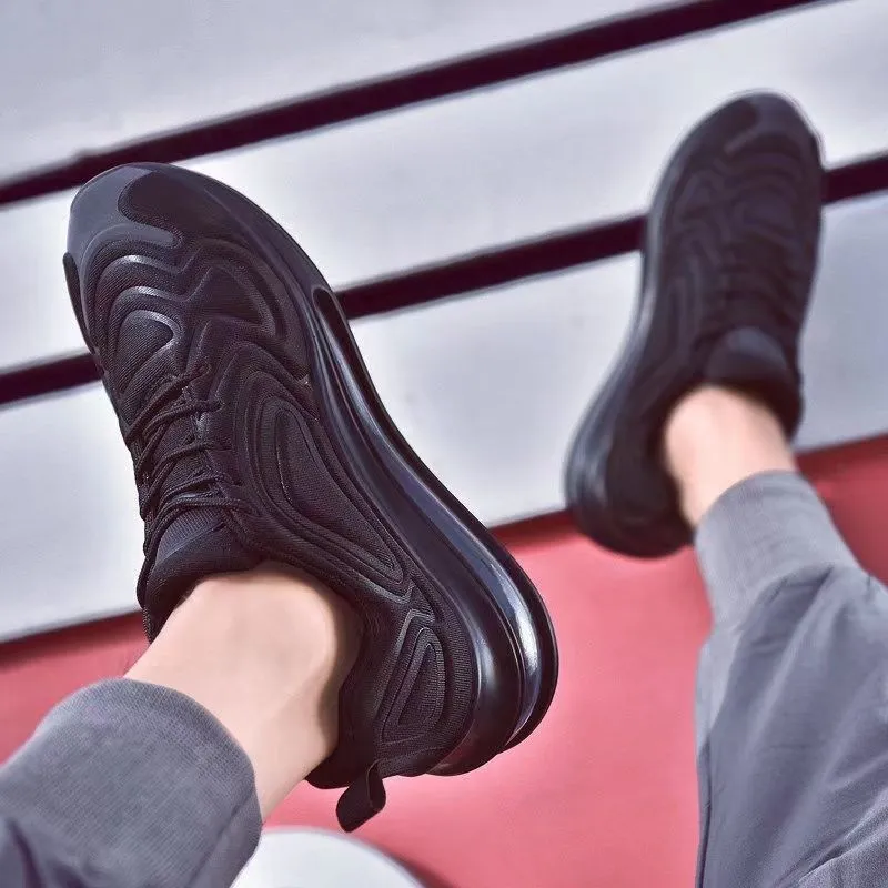Casual air cushion black shoes for men outdoor lace-up sneakers with thick sole and round toe