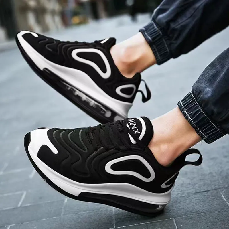 Casual air cushion black shoes for men outdoor lace-up sneakers with thick sole and round toe