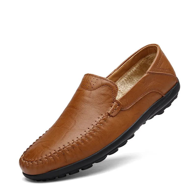 Men's brown cowhide leather casual shoes with round toe and flat heel on rubber sole