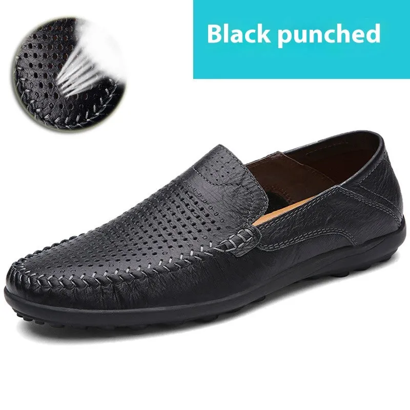 Men's brown cowhide leather casual shoes with round toe and flat heel on rubber sole