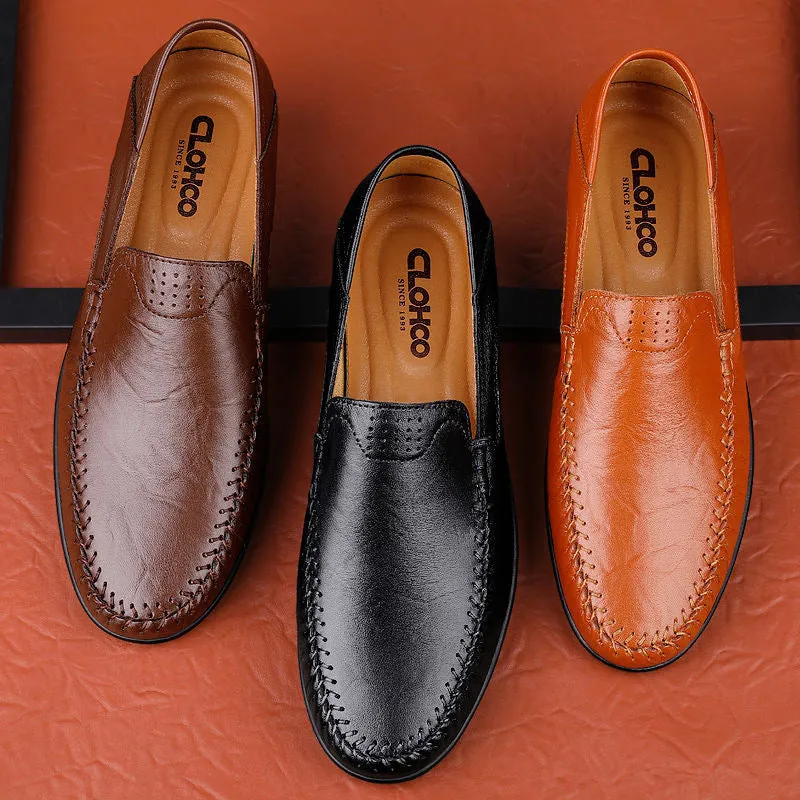 Men's brown cowhide leather casual shoes with round toe and flat heel on rubber sole