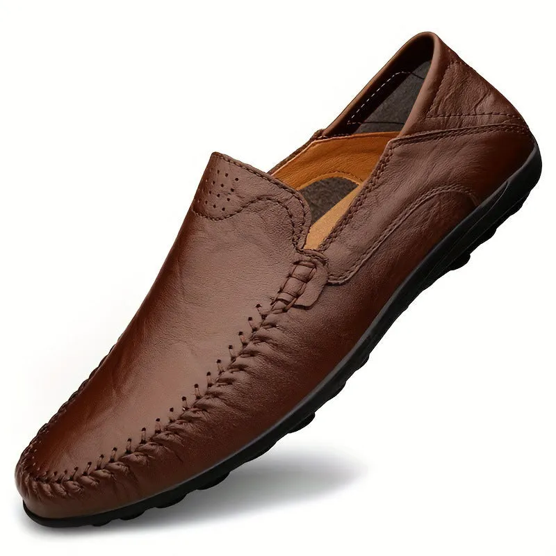 Men's brown cowhide leather casual shoes with round toe and flat heel on rubber sole