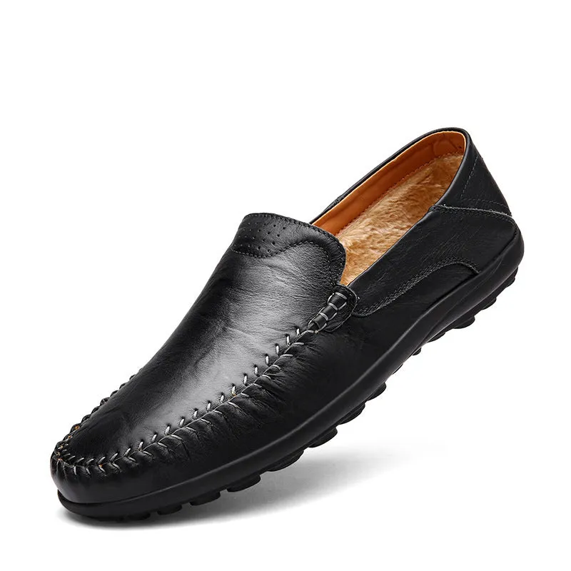 Men's brown cowhide leather casual shoes with round toe and flat heel on rubber sole